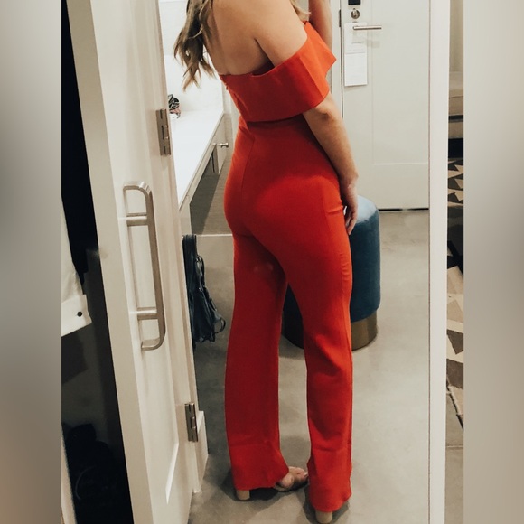 By The Way x Revolve Aubrey Red Off the Shoulder Drape One Piece Jumpsuit - Picture 3 of 7